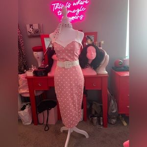 Pinup Girl clothing Downtown Dames Dress in Pink Polka Dot